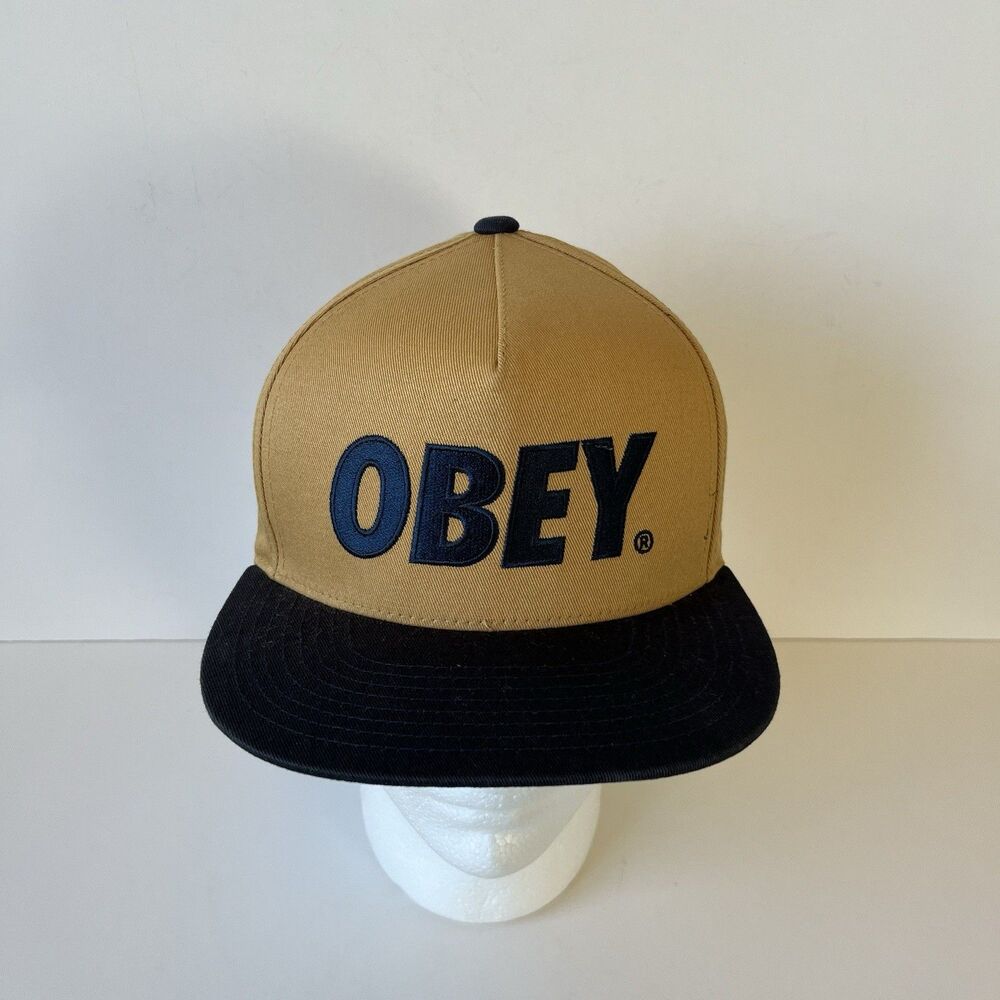Obey Box Logo Snapback Hat Flat Bill Camel Brown Black Men’s One Size Adjustable - Picture 4 of 6